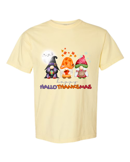 Happy HalloThanksMas Gnomes - Comfort Colors - Heavyweight Unisex Tee - Yellows, Oranges