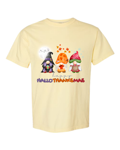 Happy HalloThanksMas Gnomes - Comfort Colors - Heavyweight Unisex Tee - Yellows, Oranges