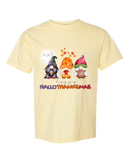 Happy HalloThanksMas Gnomes - Comfort Colors - Heavyweight Unisex Tee - Yellows, Oranges