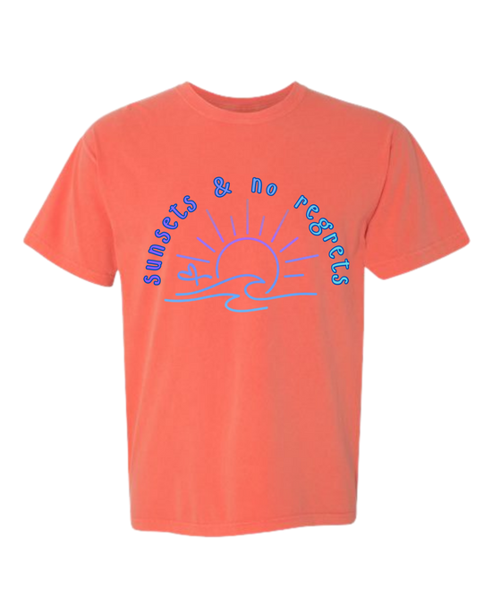 Sunsets & No Regrets - Comfort Colors - Heavyweight Unisex Tee - Yellows, Oranges, Reds