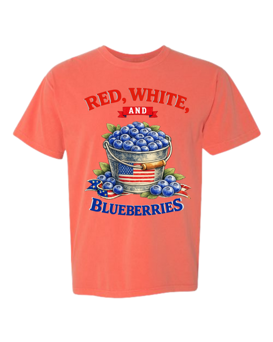 Red, White, And Blueberries - Comfort Colors - Heavyweight Unisex Tee - Yellows, Oranges, Reds