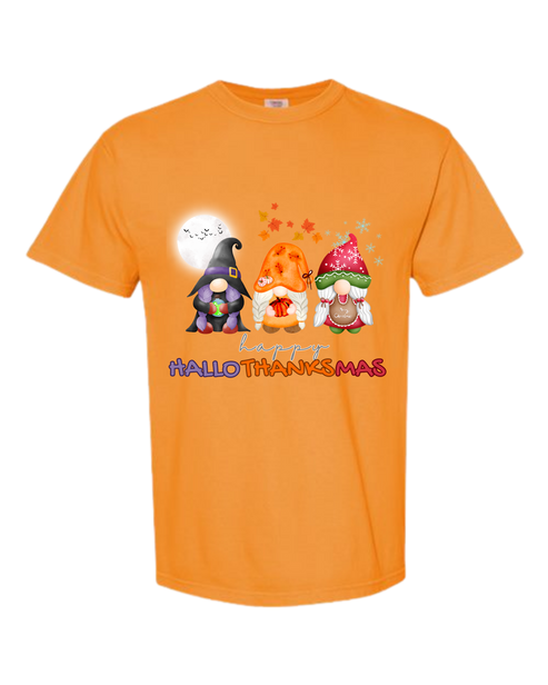 Happy HalloThanksMas Gnomes - Comfort Colors - Heavyweight Unisex Tee - Yellows, Oranges