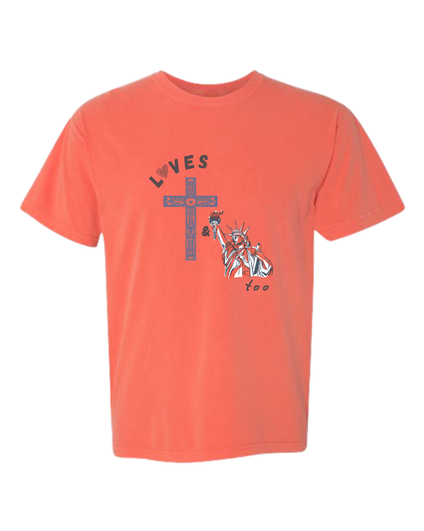 Loves Jesus & America too - Comfort Colors - Heavyweight Unisex Tee - Yellows, Oranges, Reds
