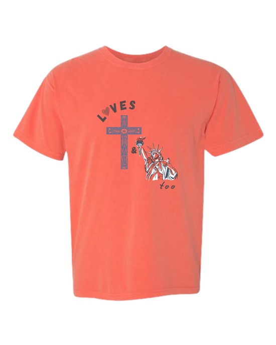 Loves Jesus & America too - Comfort Colors - Heavyweight Unisex Tee - Yellows, Oranges, Reds