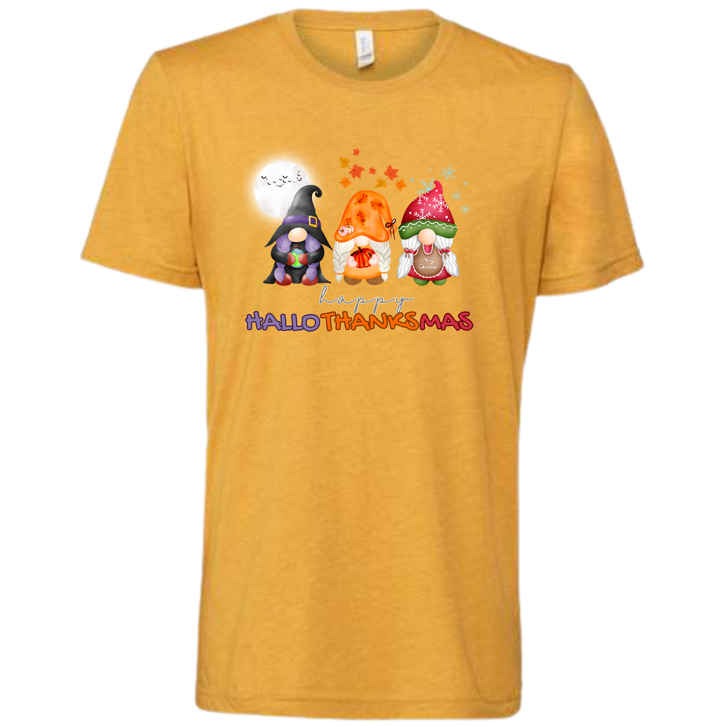 Happy HalloThanksMas Gnomes - Unisex Tee - Yellows