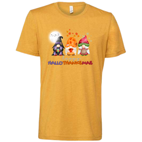 Happy HalloThanksMas Gnomes - Unisex Tee - Yellows