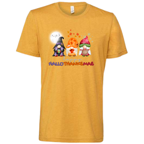 Happy HalloThanksMas Gnomes - Unisex Tee - Yellows
