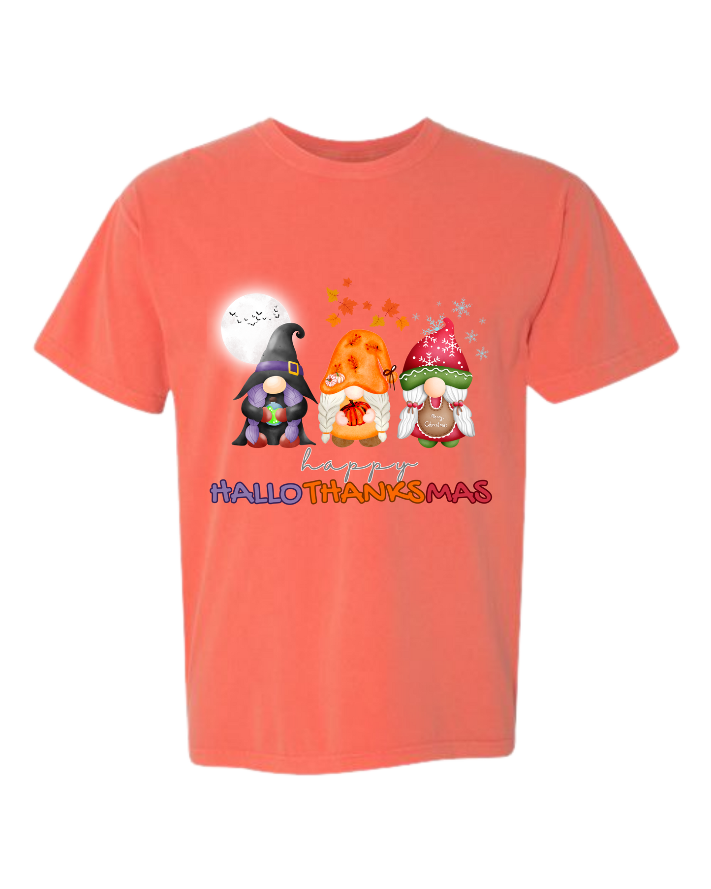 Happy HalloThanksMas Gnomes - Comfort Colors - Heavyweight Unisex Tee - Yellows, Oranges