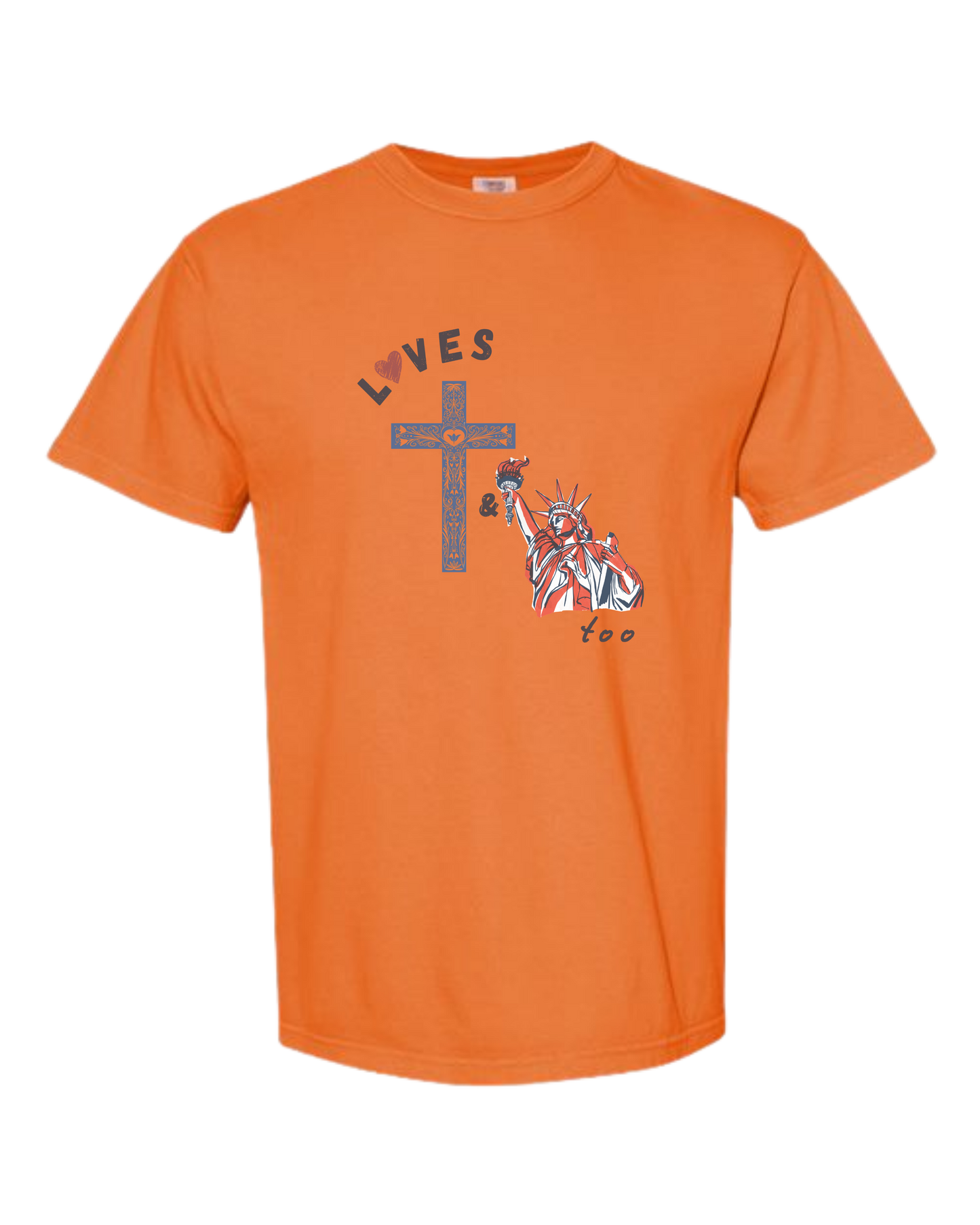 Loves Jesus & America too - Comfort Colors - Heavyweight Unisex Tee - Yellows, Oranges, Reds