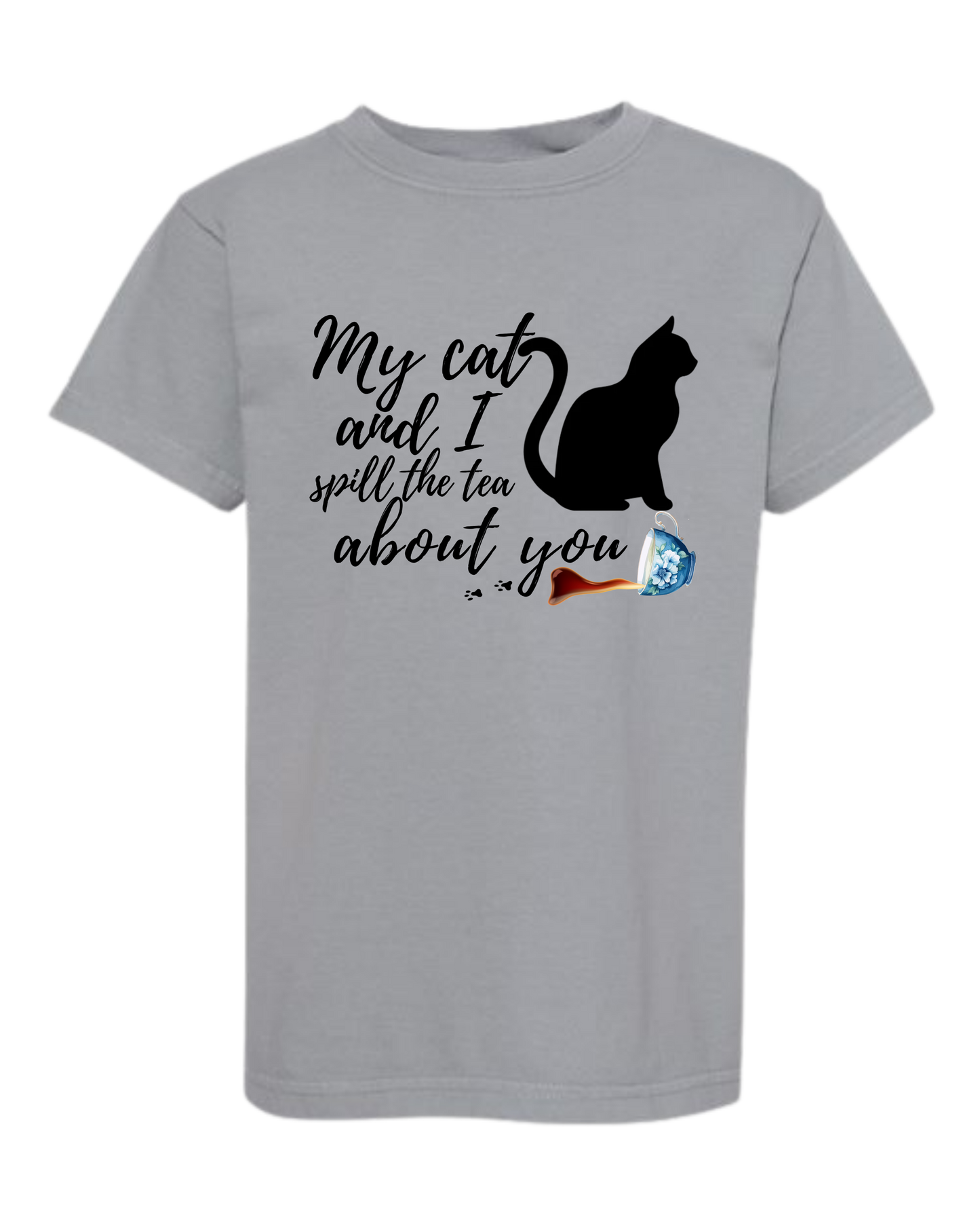 My Cat and I spill the tea about you - Comfort Colors - Heavyweight Youth Tee - Neutral Colors & Blues