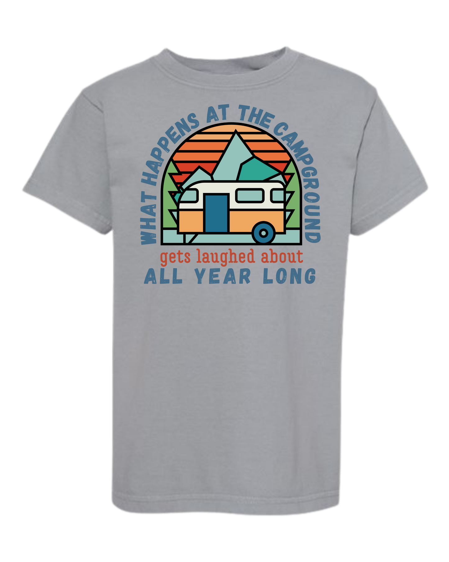 What Happens At The Campground - Comfort Colors - Heavyweight Youth Tee - Neutral Colors & Blues