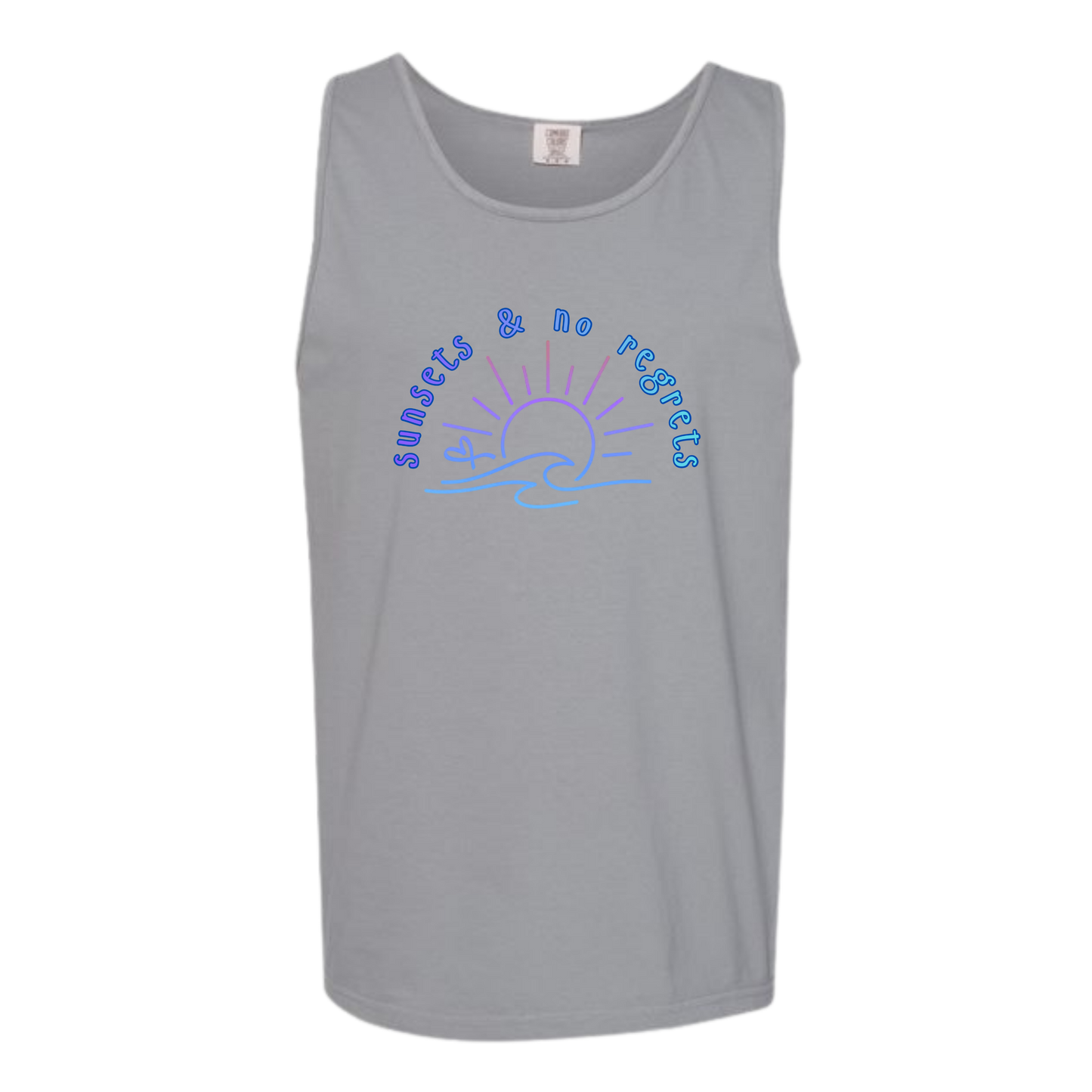 Sunsets & No Regrets - Comfort Colors - Unisex Tank - Neutral Colors & Blues