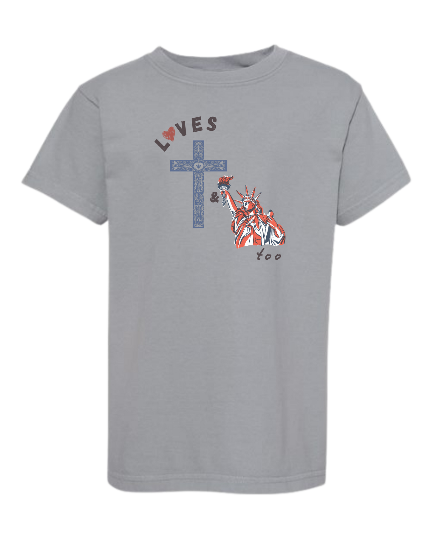 Loves Jesus & America too - Comfort Colors - Heavyweight Youth Tee - Neutral Colors & Blues