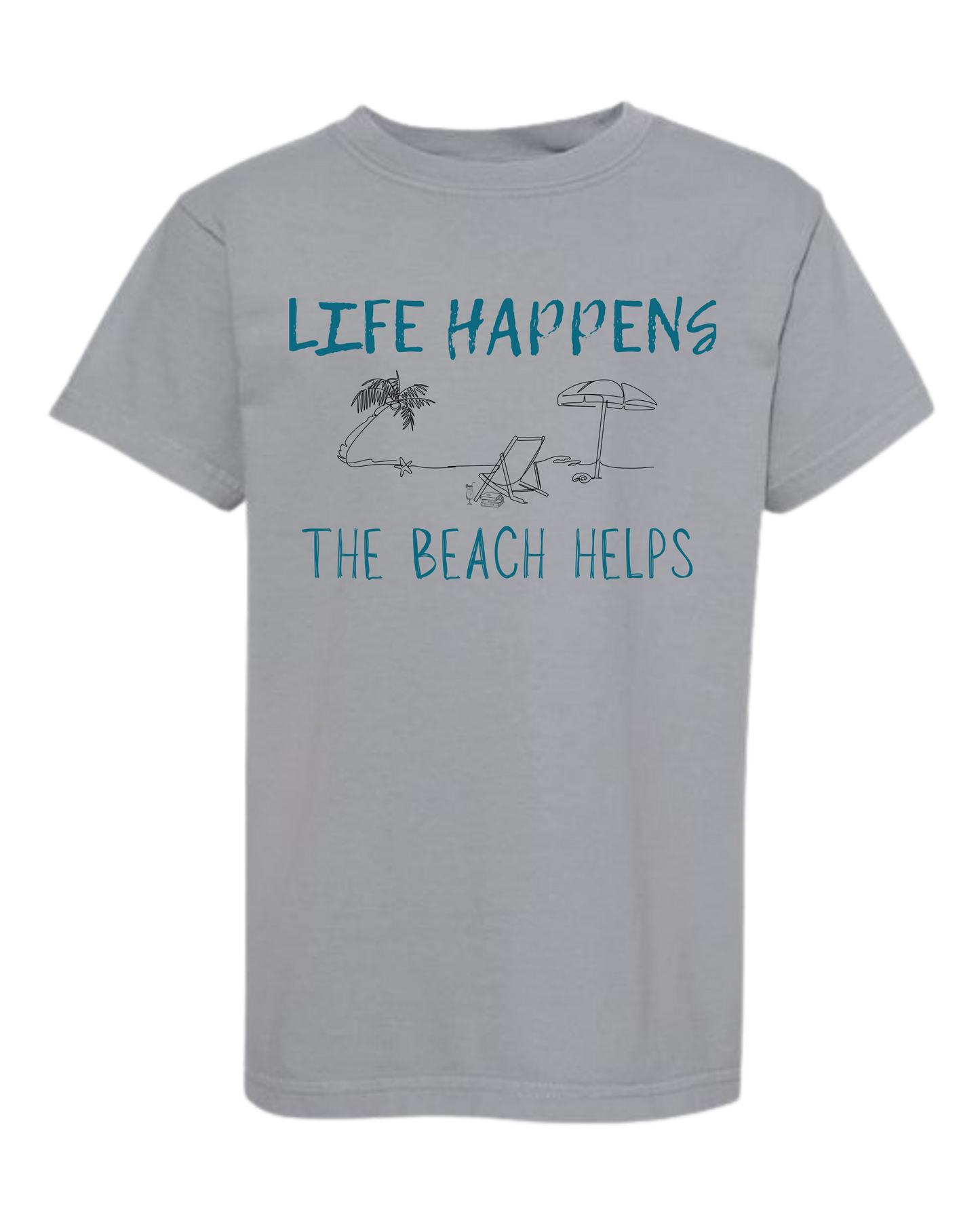 Life Happens The Beach Helps - Comfort Colors - Heavyweight Youth Tee - Neutral Colors & Blues