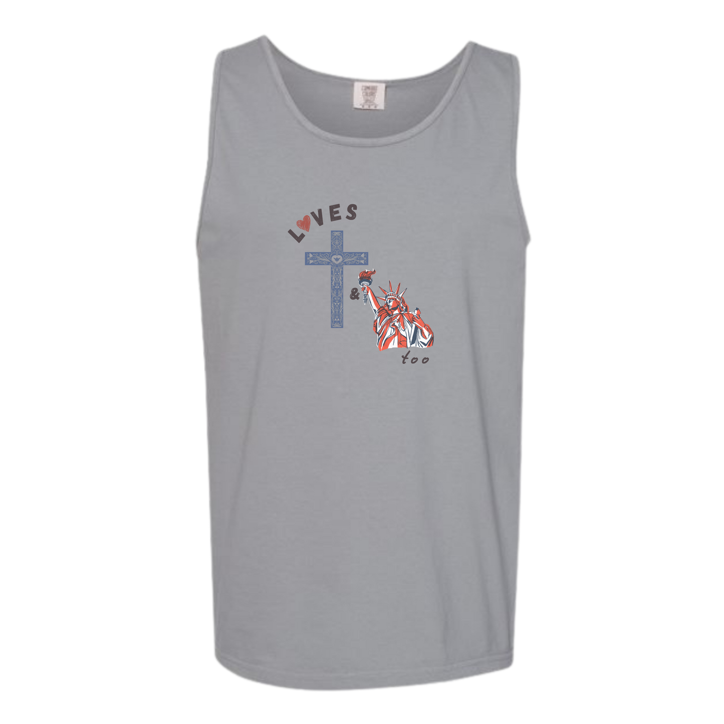 Loves Jesus & America too - Comfort Colors - Unisex Tank - Neutral Colors & Blues