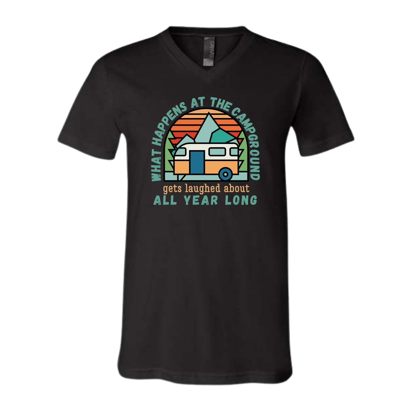 What Happens At The Campground - Bella+Canvas - Unisex V-Neck - Neutral Colors