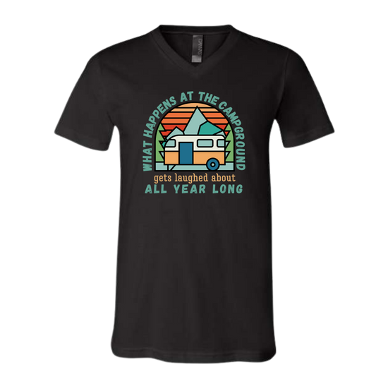 What Happens At The Campground - Bella+Canvas - Unisex V-Neck - Neutral Colors