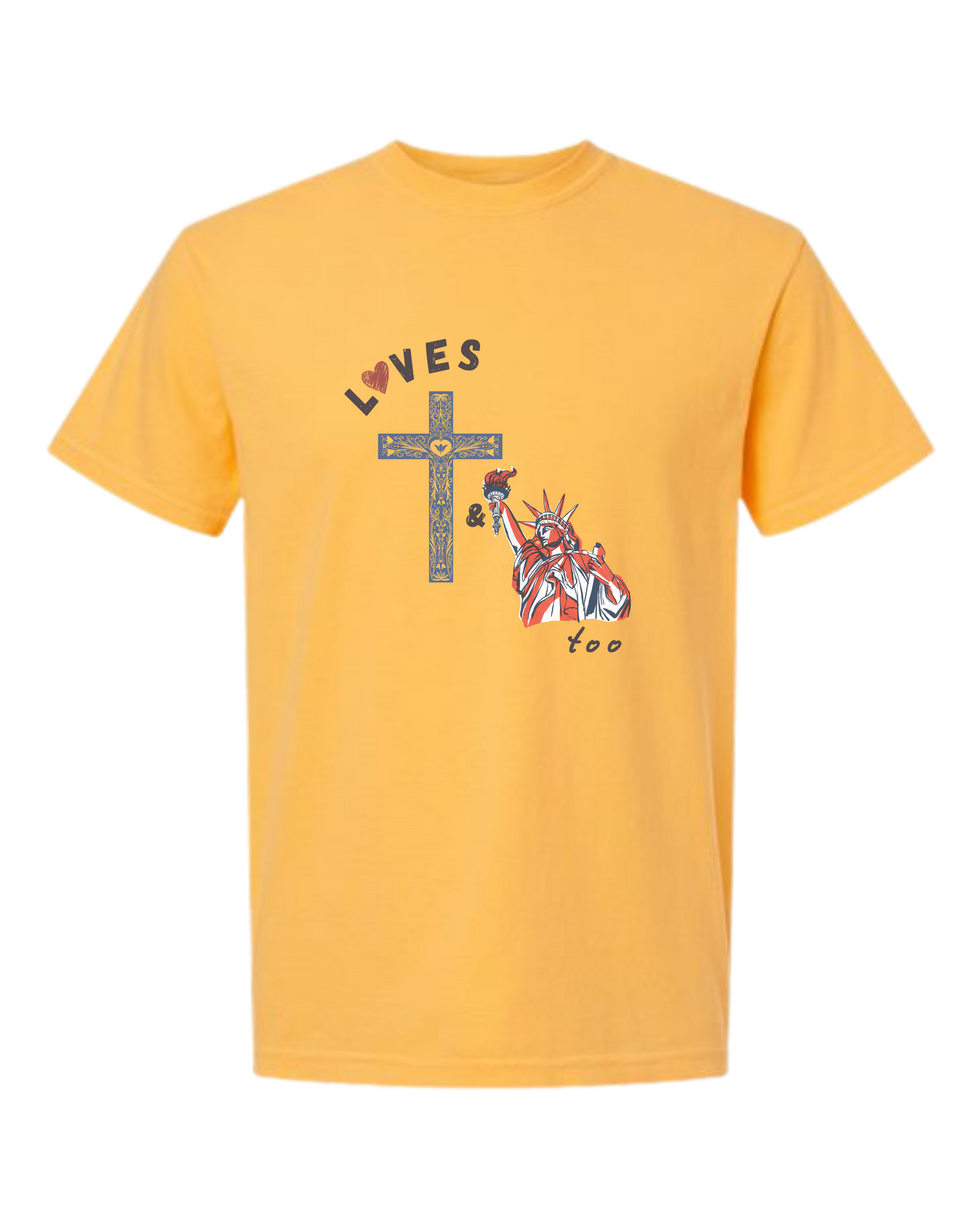 Loves Jesus & America too - Comfort Colors - Heavyweight Unisex Tee - Yellows, Oranges, Reds
