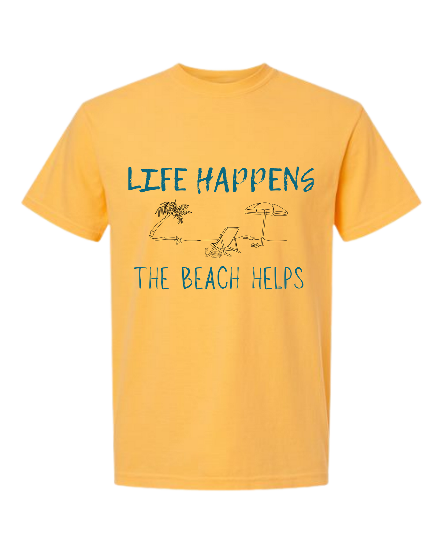 Life Happens The Beach Helps - Comfort Colors - Heavyweight Unisex Tee - Yellows, Oranges, Reds