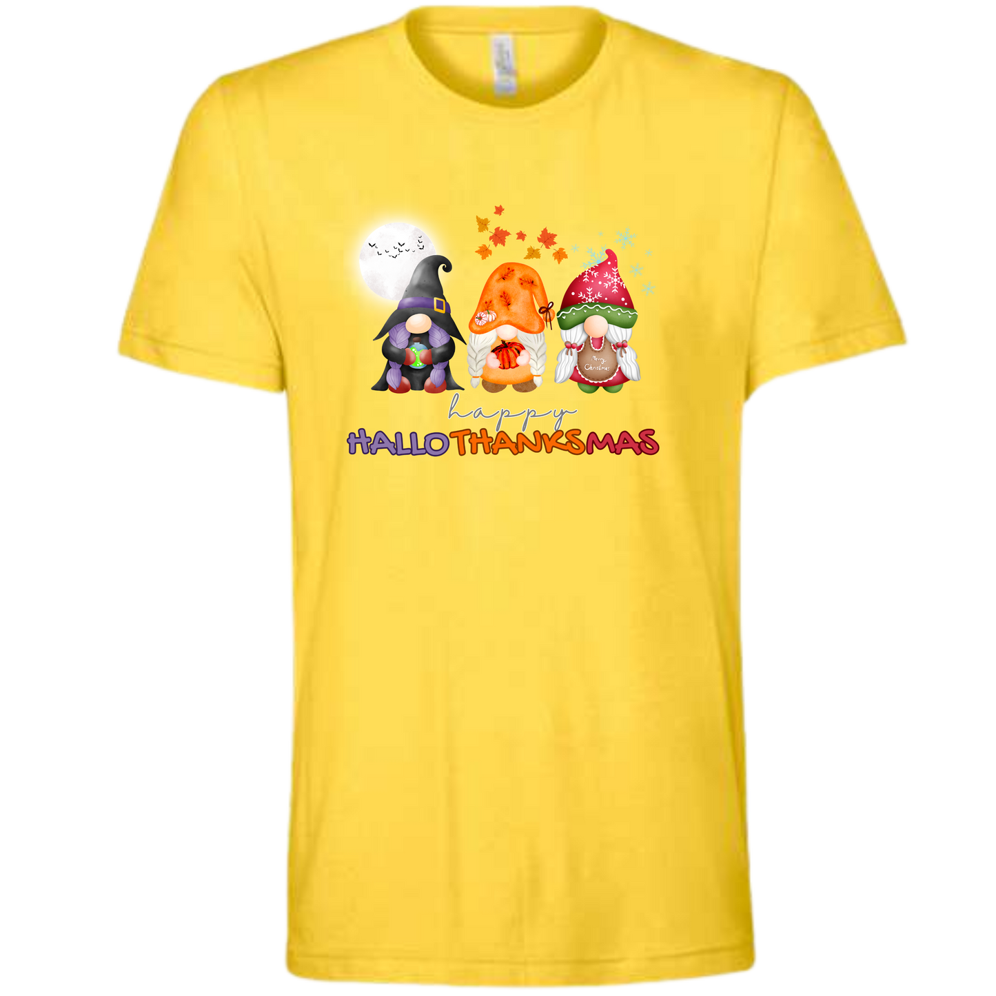 Happy HalloThanksMas Gnomes - Unisex Tee - Yellows