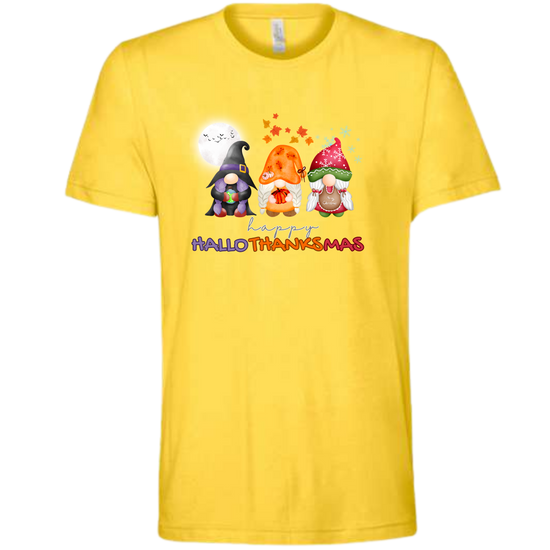 Happy HalloThanksMas Gnomes - Unisex Tee - Yellows