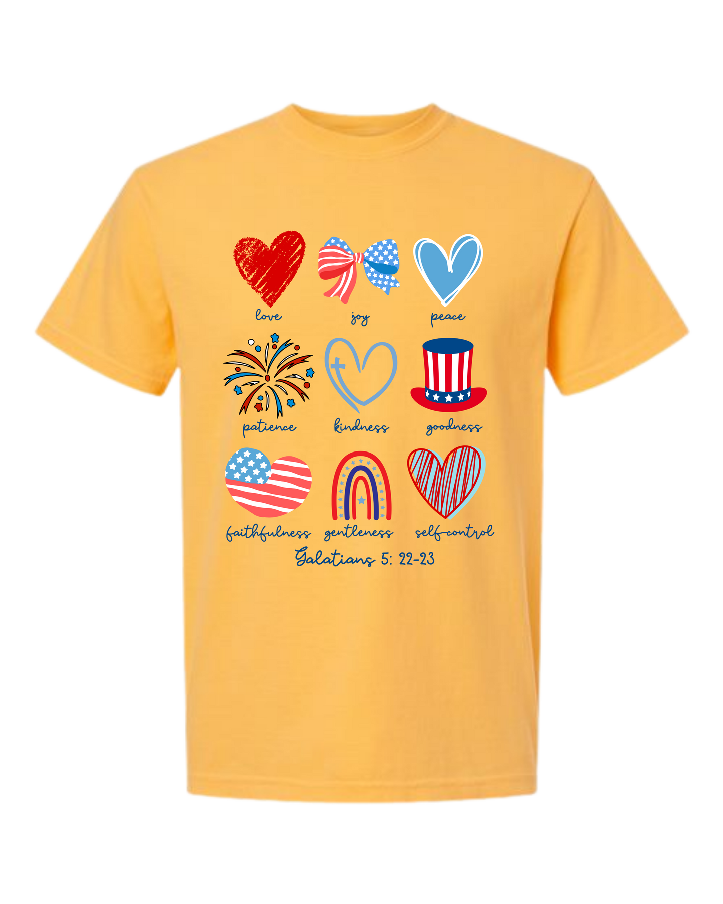 Galatians 5 - Patriotic - Comfort Colors - Heavyweight Unisex Tee - Yellows, Oranges, Reds