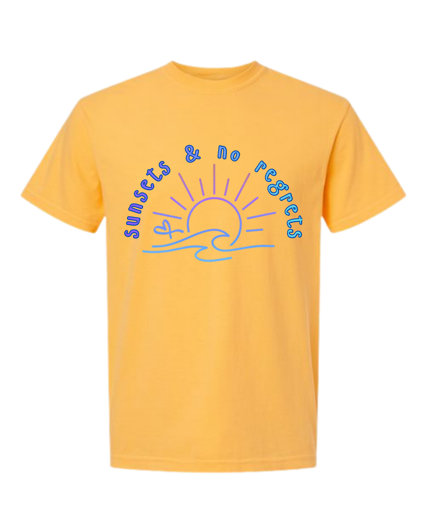 Sunsets & No Regrets - Comfort Colors - Heavyweight Unisex Tee - Yellows, Oranges, Reds