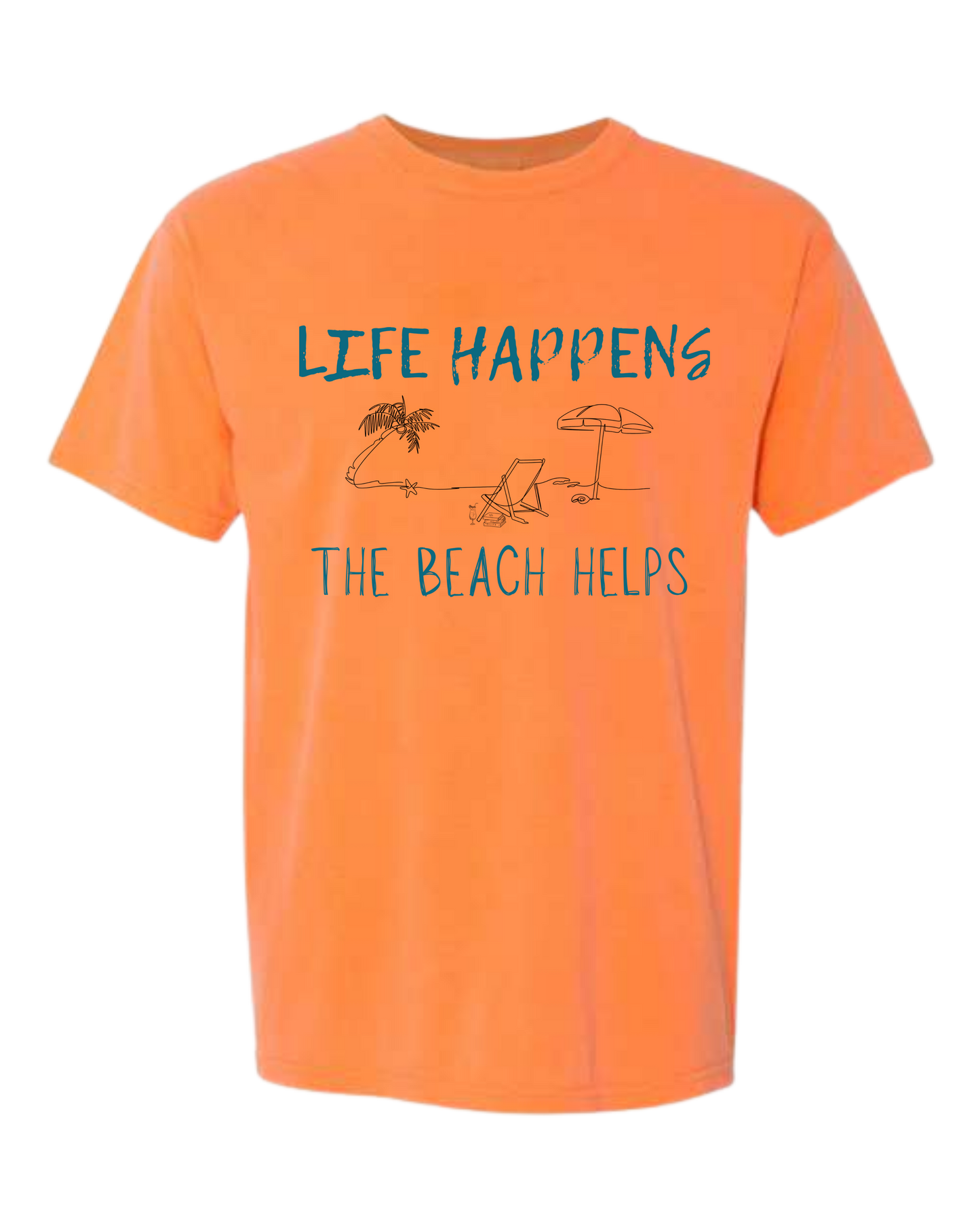 Life Happens The Beach Helps - Comfort Colors - Heavyweight Unisex Tee - Yellows, Oranges, Reds
