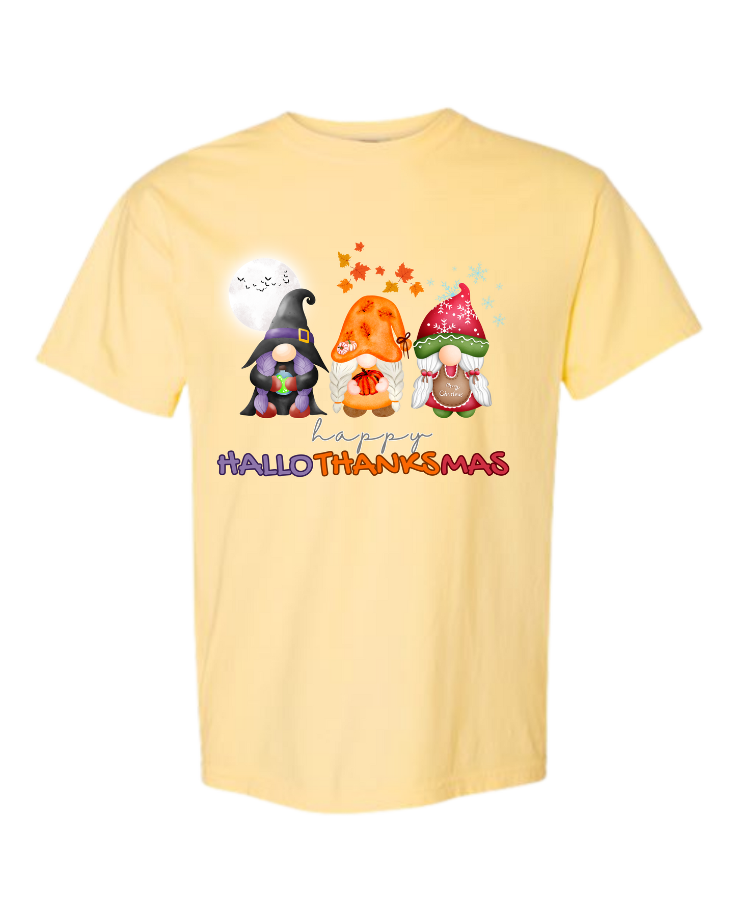 Happy HalloThanksMas Gnomes - Comfort Colors - Heavyweight Unisex Tee - Yellows, Oranges