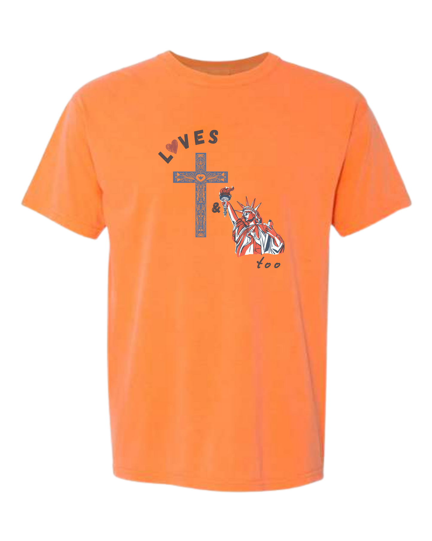 Loves Jesus & America too - Comfort Colors - Heavyweight Unisex Tee - Yellows, Oranges, Reds