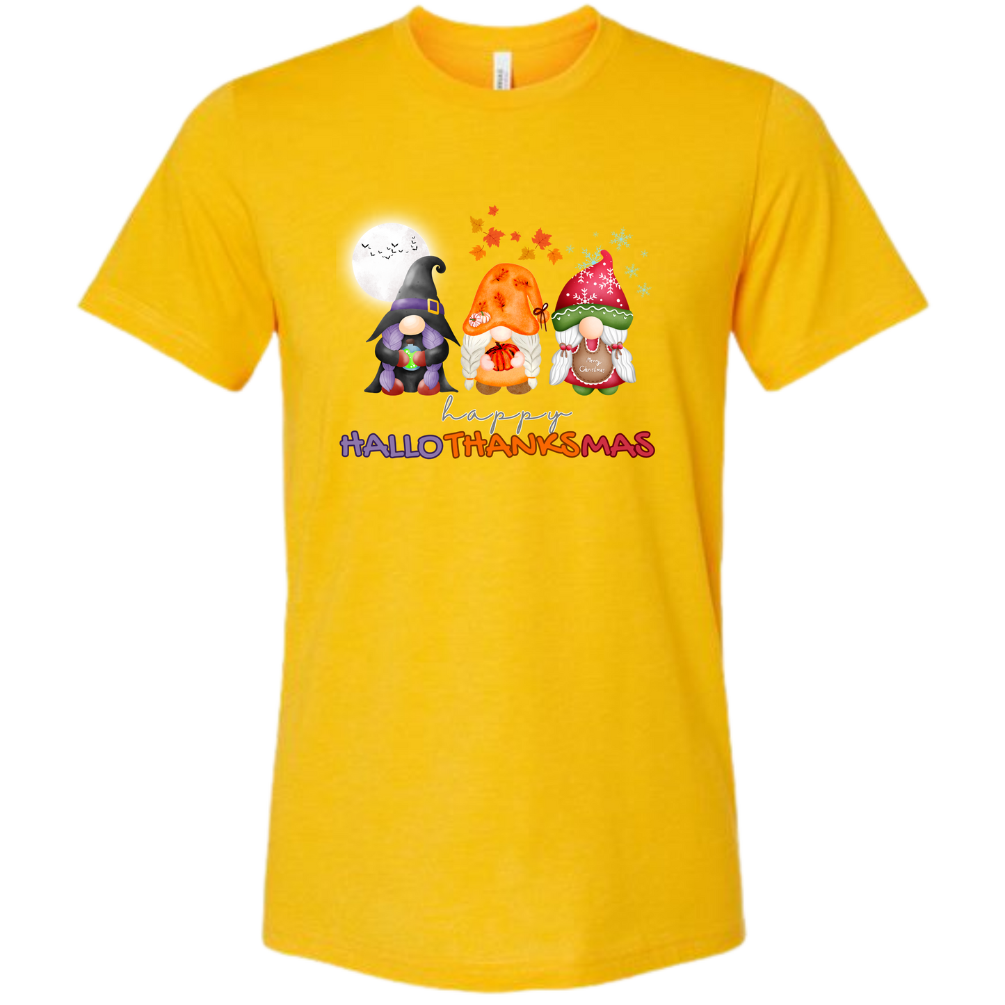 Happy HalloThanksMas Gnomes - Unisex Tee - Yellows