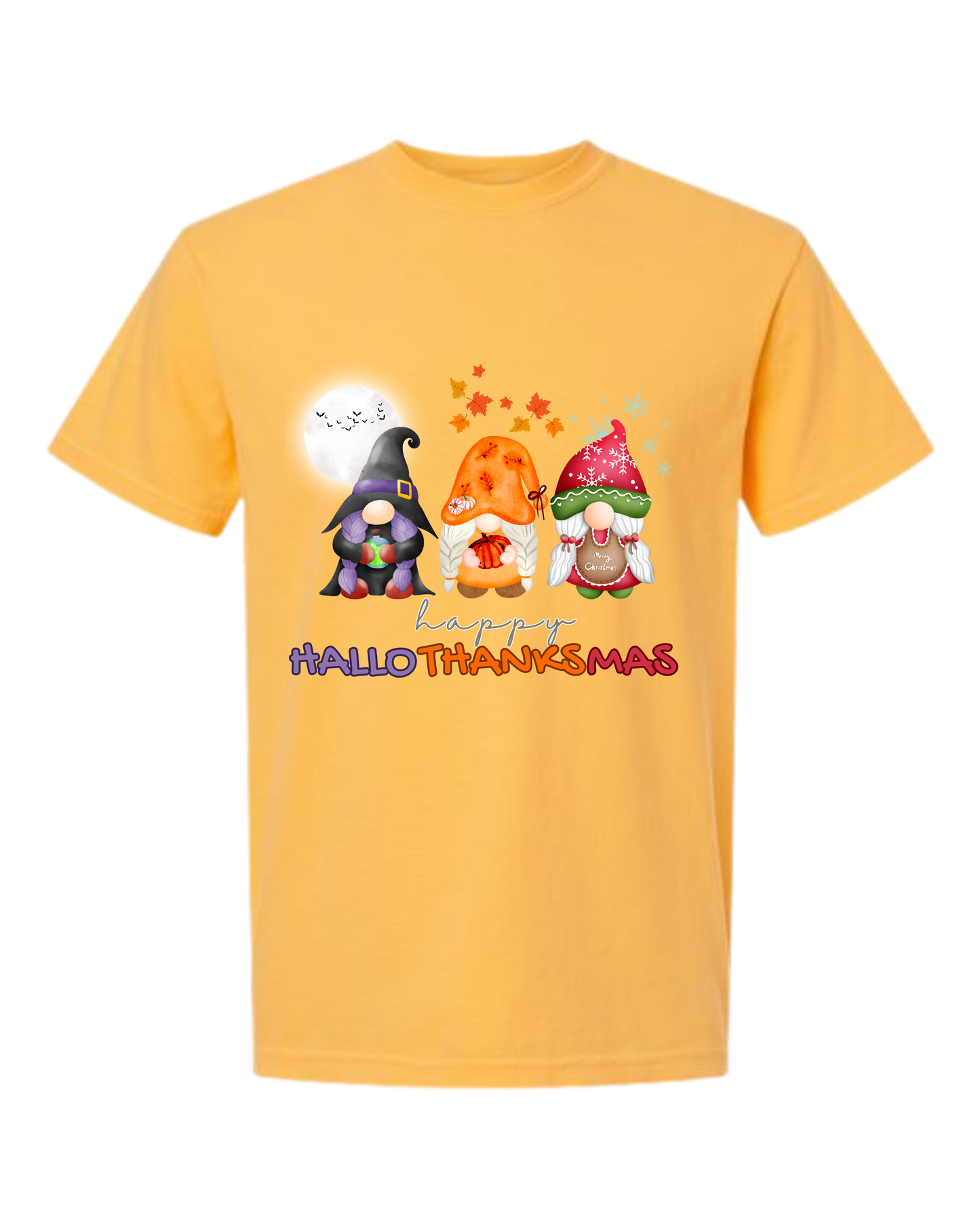 Happy HalloThanksMas Gnomes - Comfort Colors - Heavyweight Unisex Tee - Yellows, Oranges