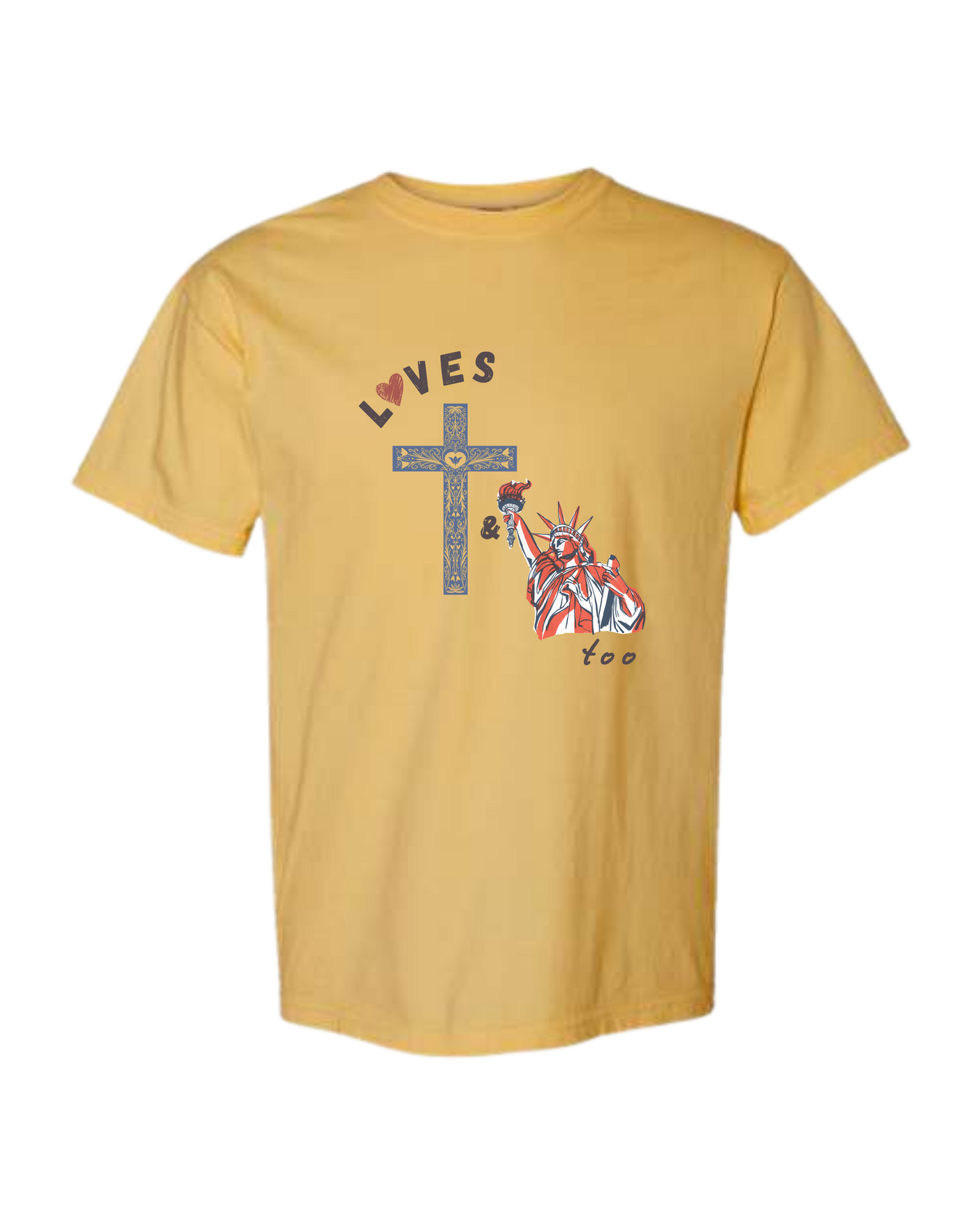 Loves Jesus & America too - Comfort Colors - Heavyweight Unisex Tee - Yellows, Oranges, Reds