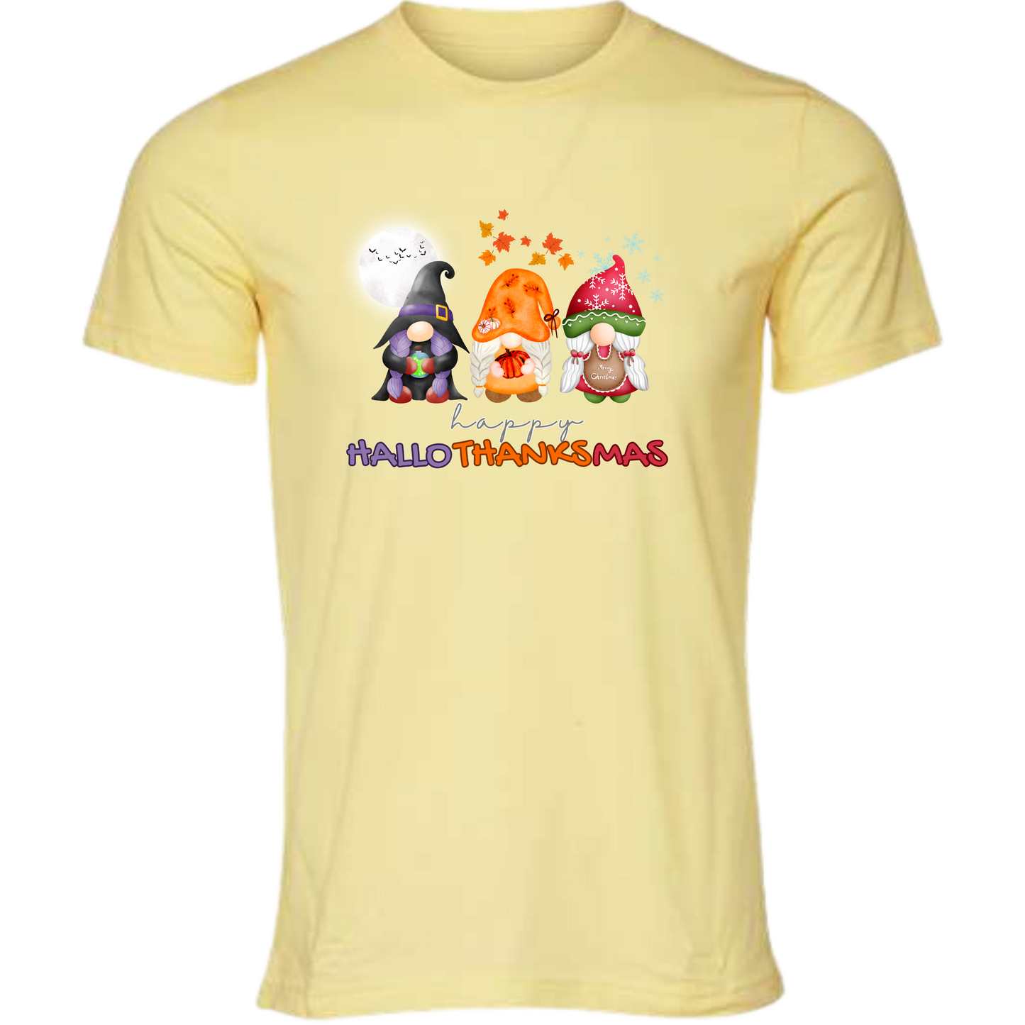 Happy HalloThanksMas Gnomes - Unisex Tee - Yellows