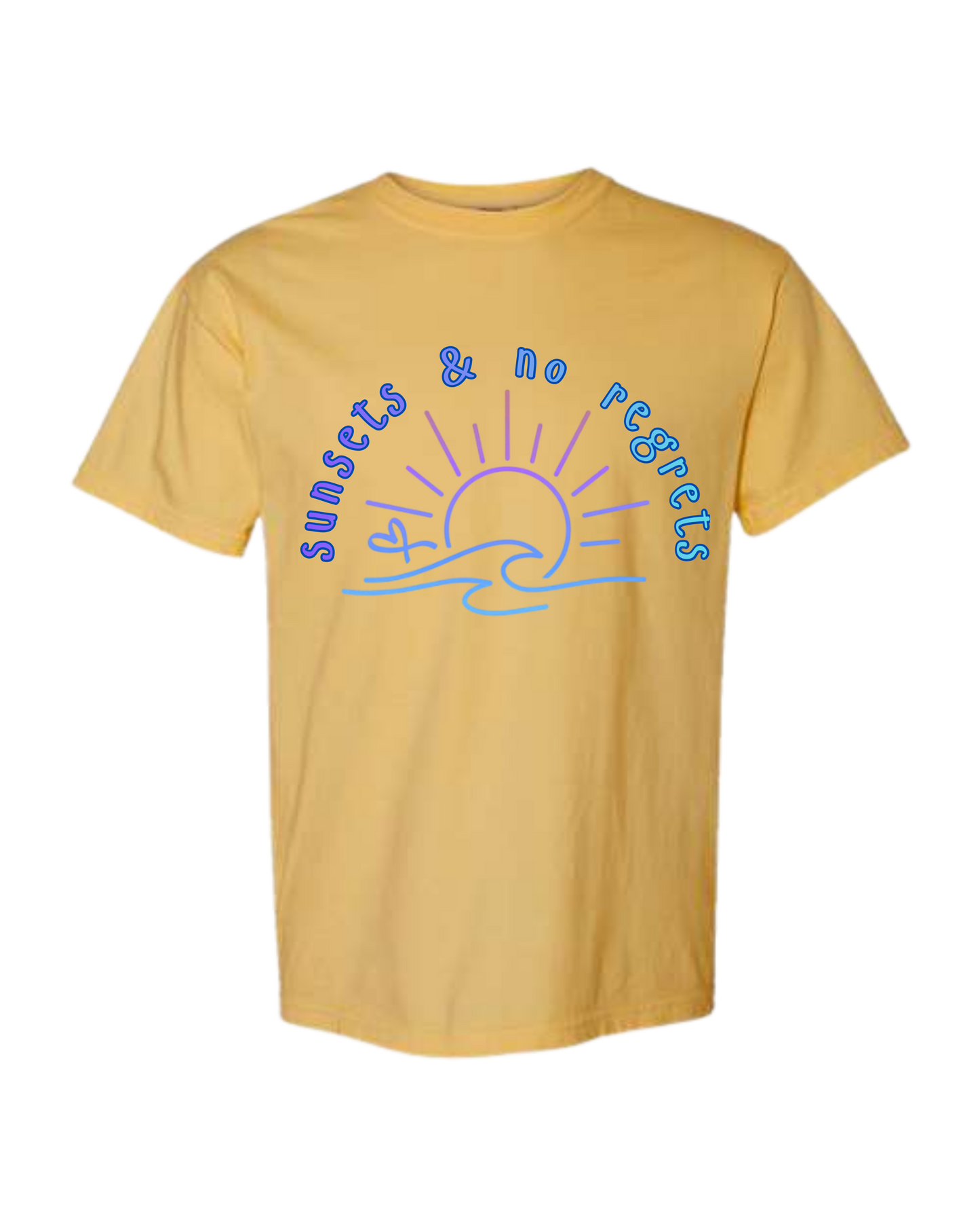 Sunsets & No Regrets - Comfort Colors - Heavyweight Unisex Tee - Yellows, Oranges, Reds