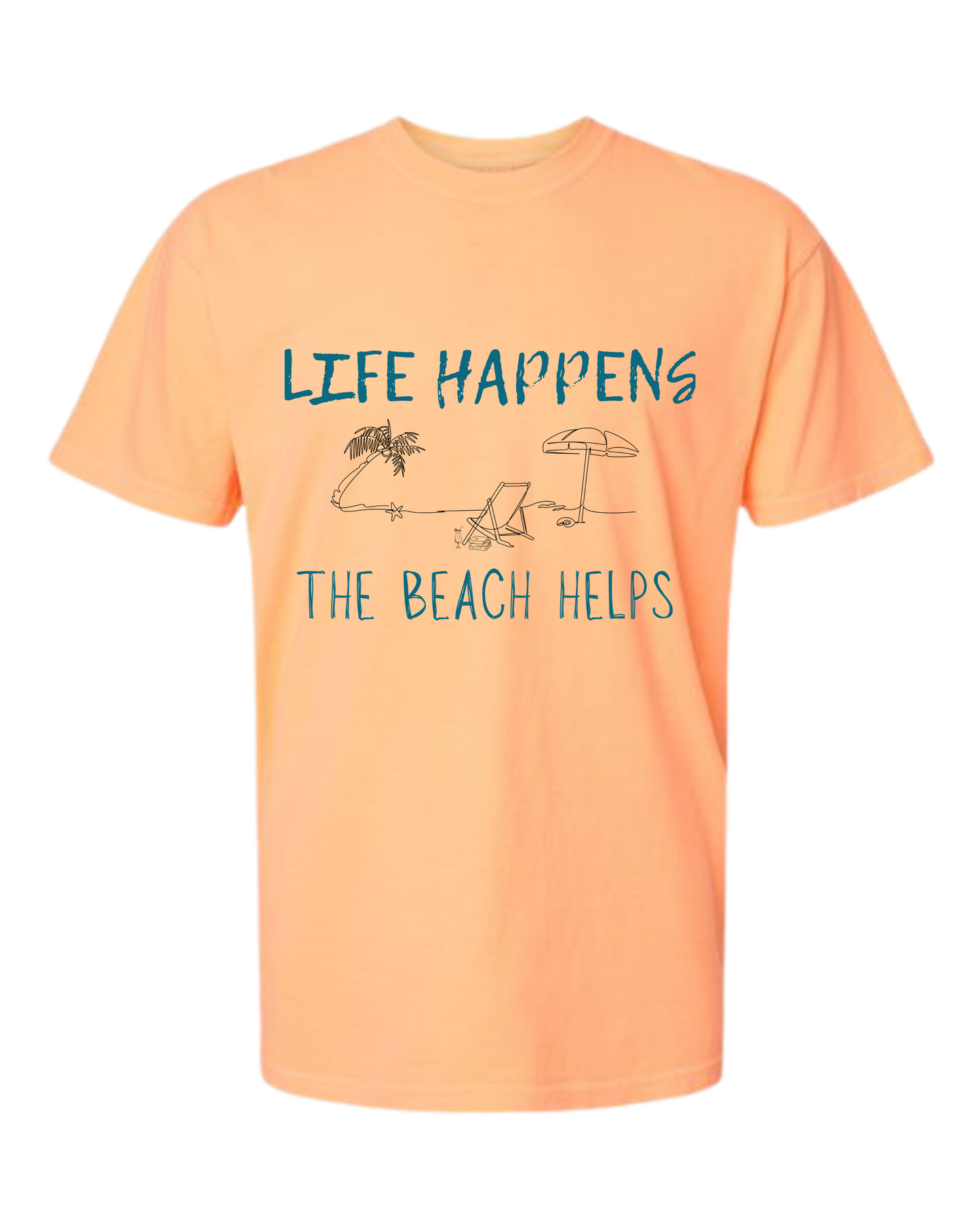 Life Happens The Beach Helps - Comfort Colors - Heavyweight Unisex Tee - Yellows, Oranges, Reds