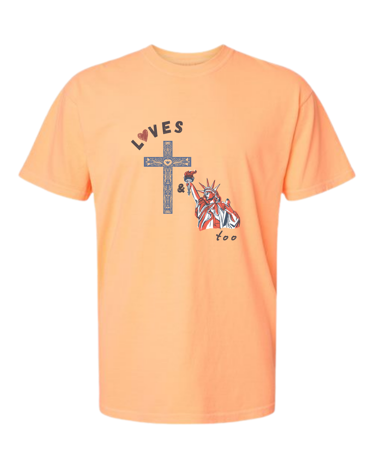 Loves Jesus & America too - Comfort Colors - Heavyweight Unisex Tee - Yellows, Oranges, Reds