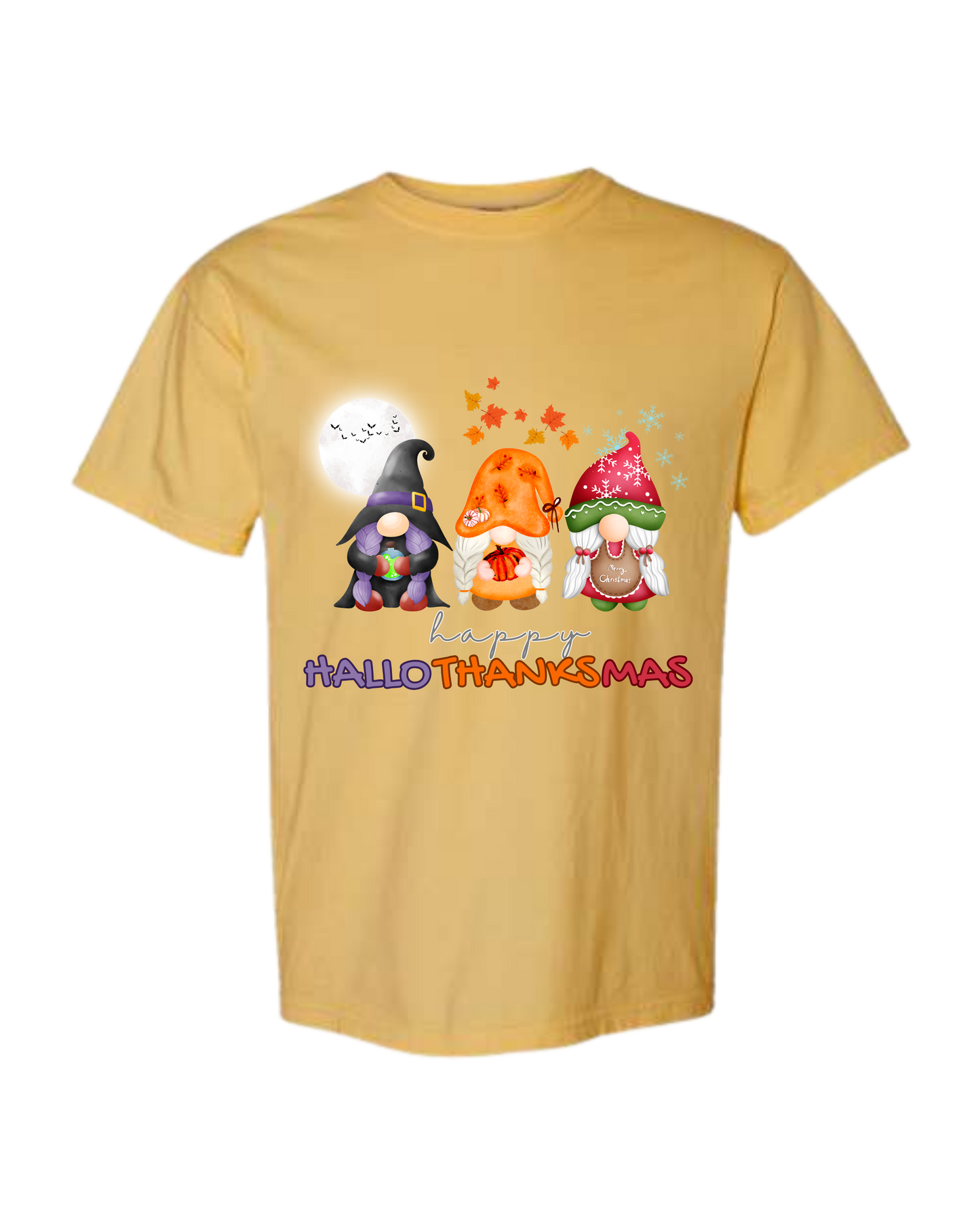 Happy HalloThanksMas Gnomes - Comfort Colors - Heavyweight Unisex Tee - Yellows, Oranges