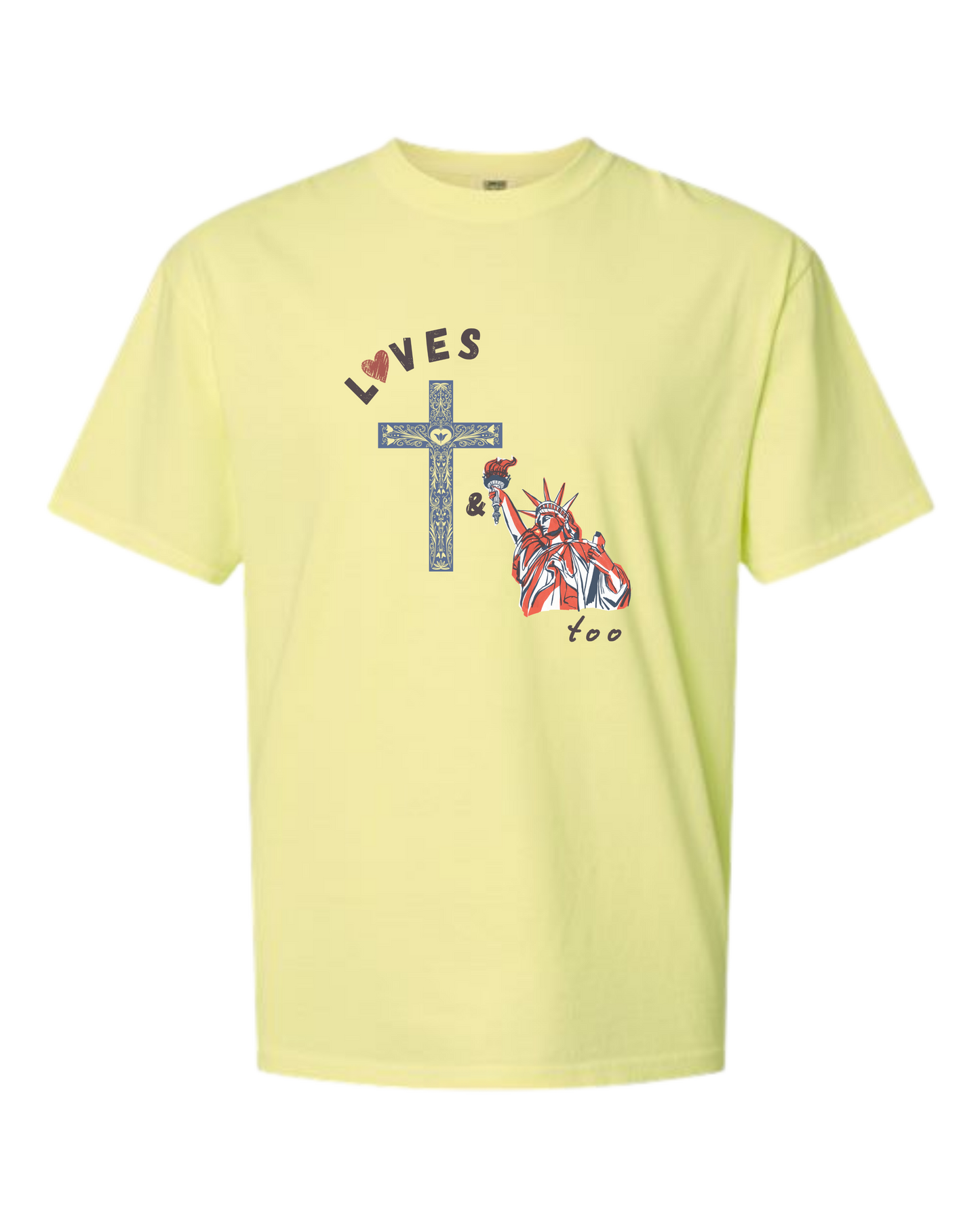 Loves Jesus & America too - Comfort Colors - Heavyweight Unisex Tee - Yellows, Oranges, Reds