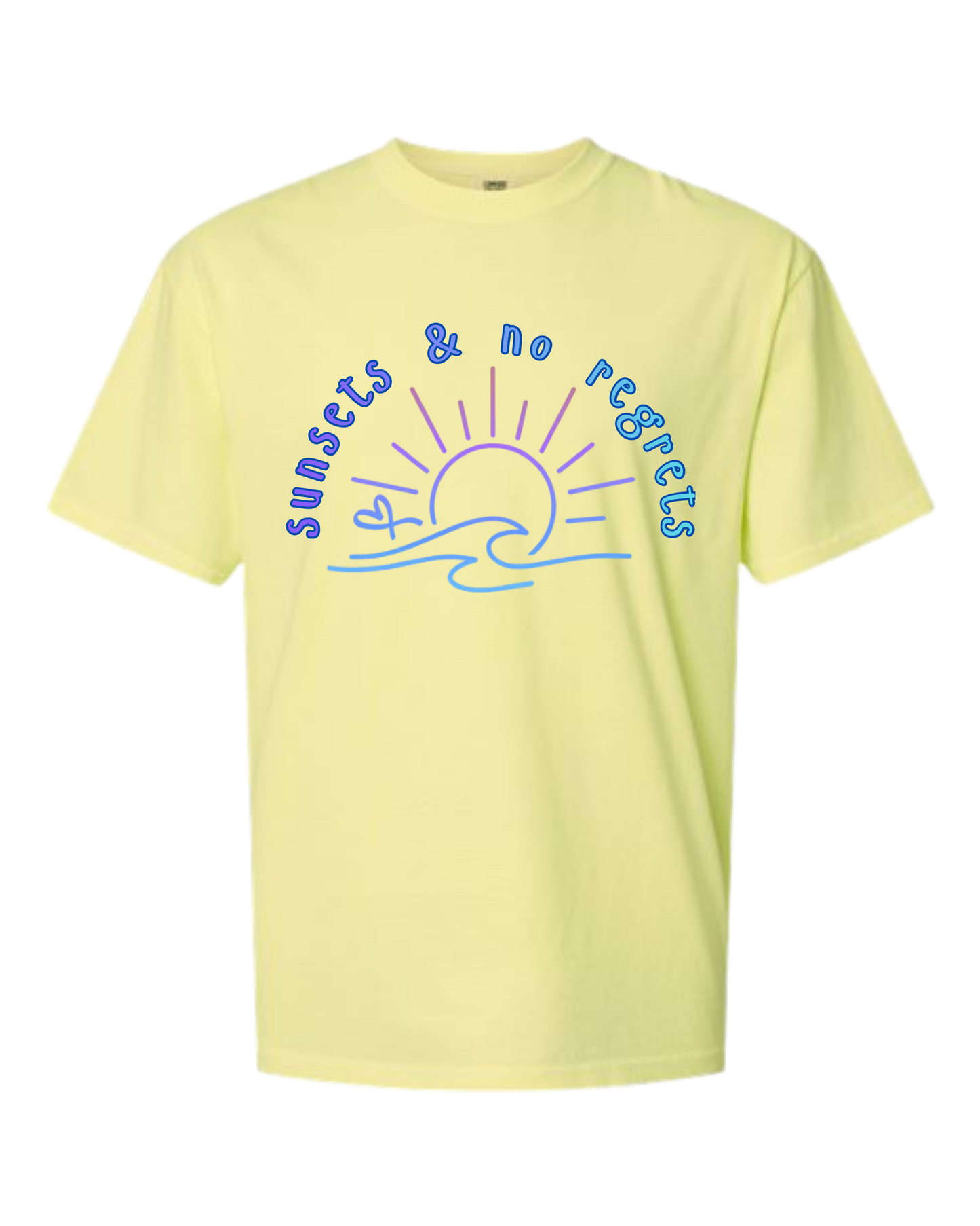 Sunsets & No Regrets - Comfort Colors - Heavyweight Unisex Tee - Yellows, Oranges, Reds