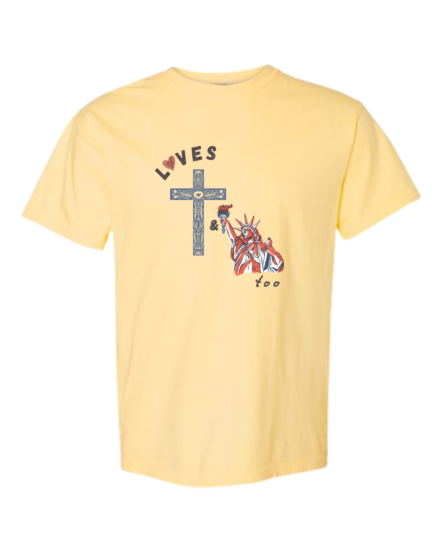 Loves Jesus & America too - Comfort Colors - Heavyweight Unisex Tee - Yellows, Oranges, Reds