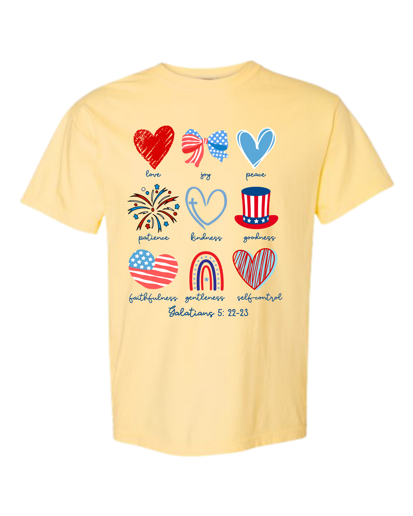 Galatians 5 - Patriotic - Comfort Colors - Heavyweight Unisex Tee - Yellows, Oranges, Reds