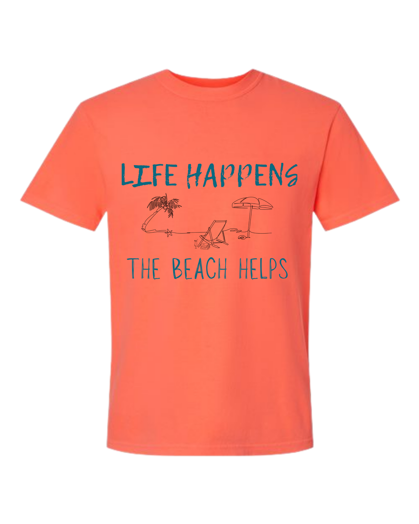 Life Happens The Beach Helps - Comfort Colors - Heavyweight Unisex Tee - Yellows, Oranges, Reds