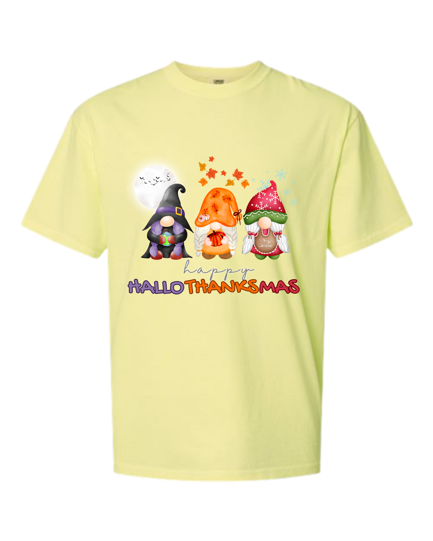 Happy HalloThanksMas Gnomes - Comfort Colors - Heavyweight Unisex Tee - Yellows, Oranges