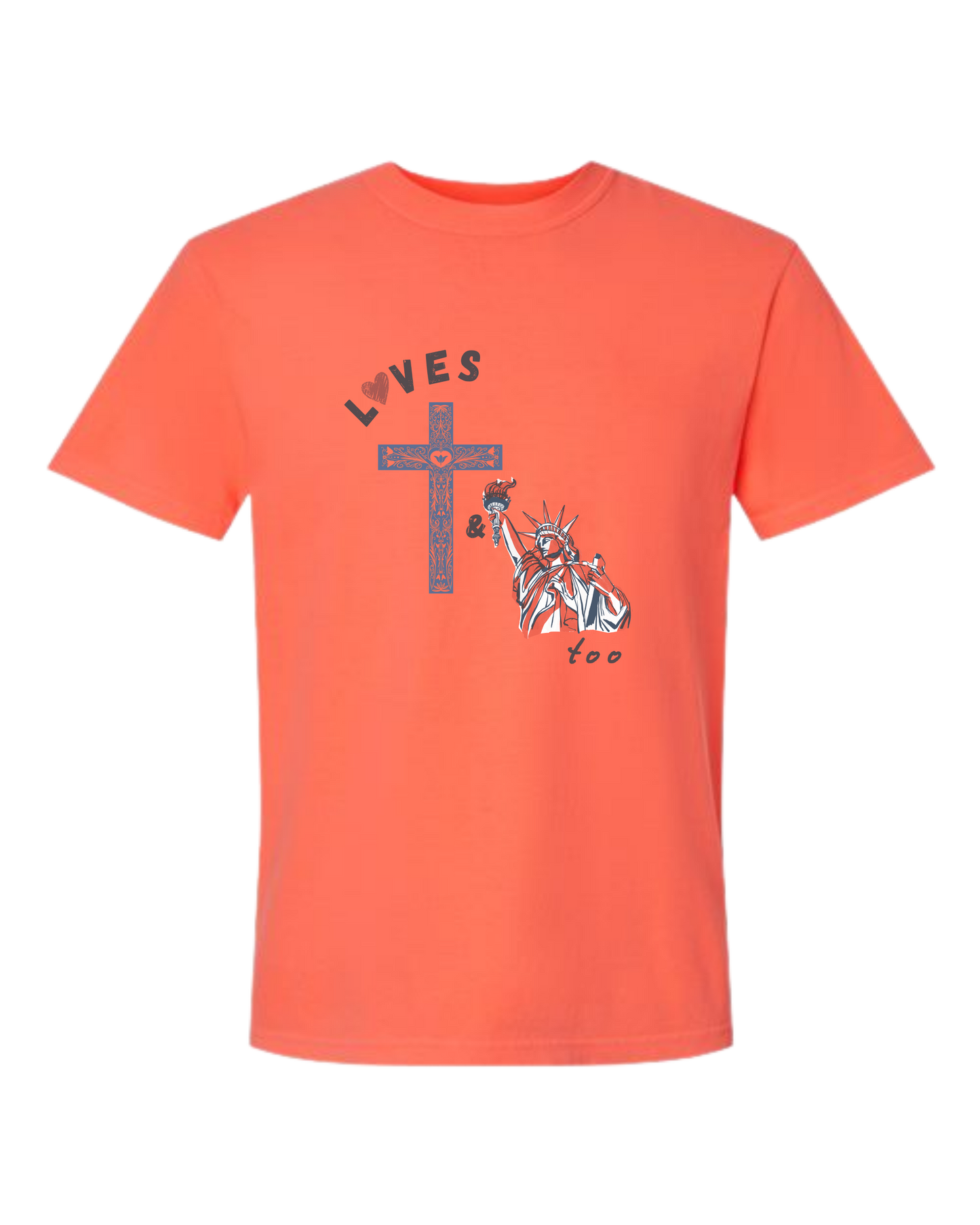 Loves Jesus & America too - Comfort Colors - Heavyweight Unisex Tee - Yellows, Oranges, Reds