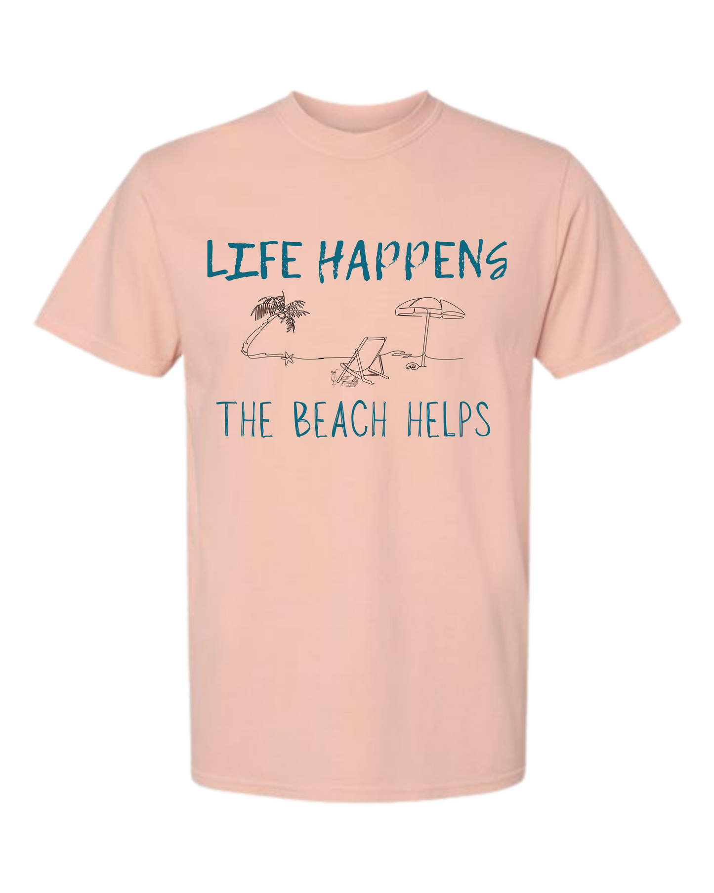 Life Happens The Beach Helps - Comfort Colors - Heavyweight Unisex Tee - Yellows, Oranges, Reds
