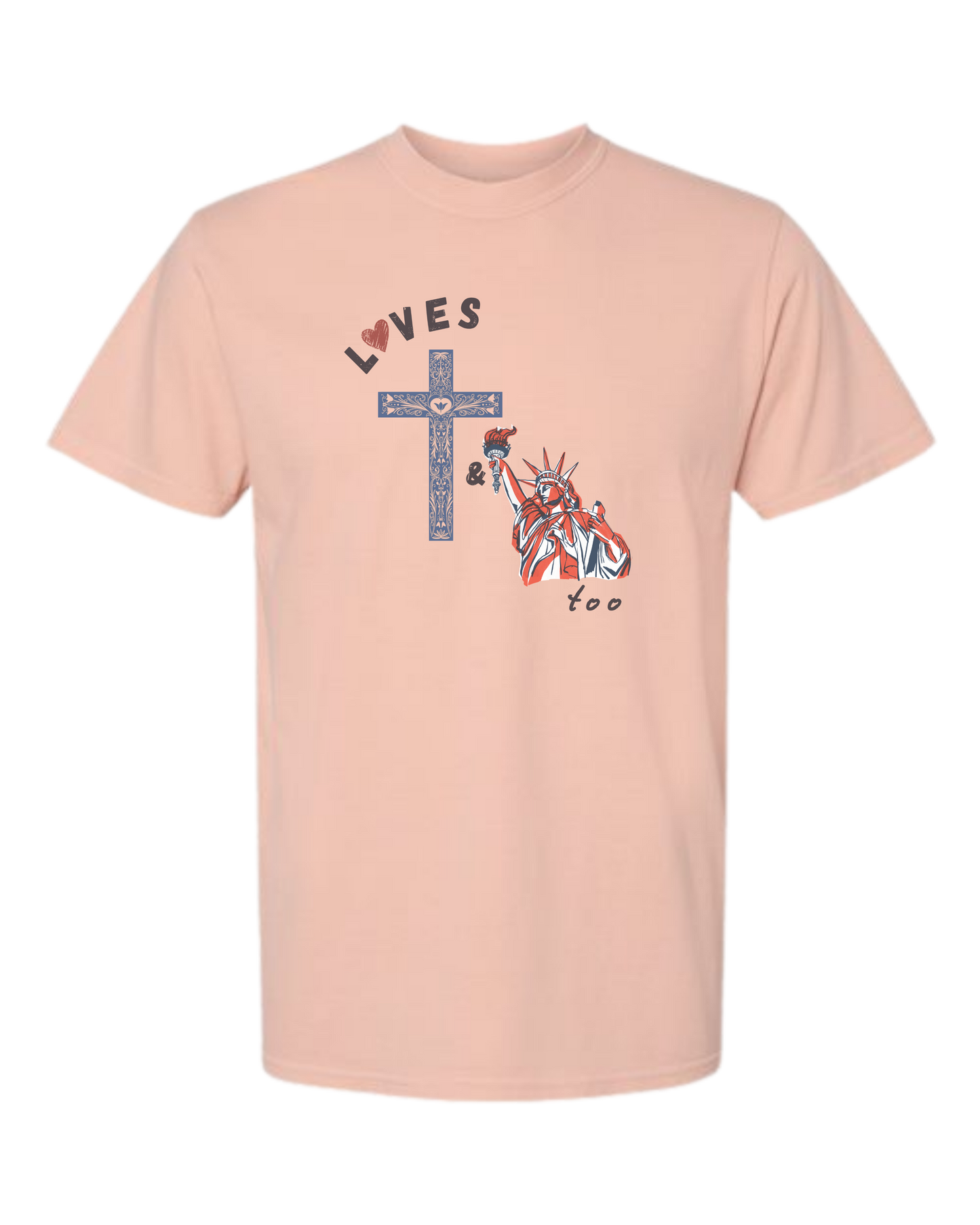 Loves Jesus & America too - Comfort Colors - Heavyweight Unisex Tee - Yellows, Oranges, Reds