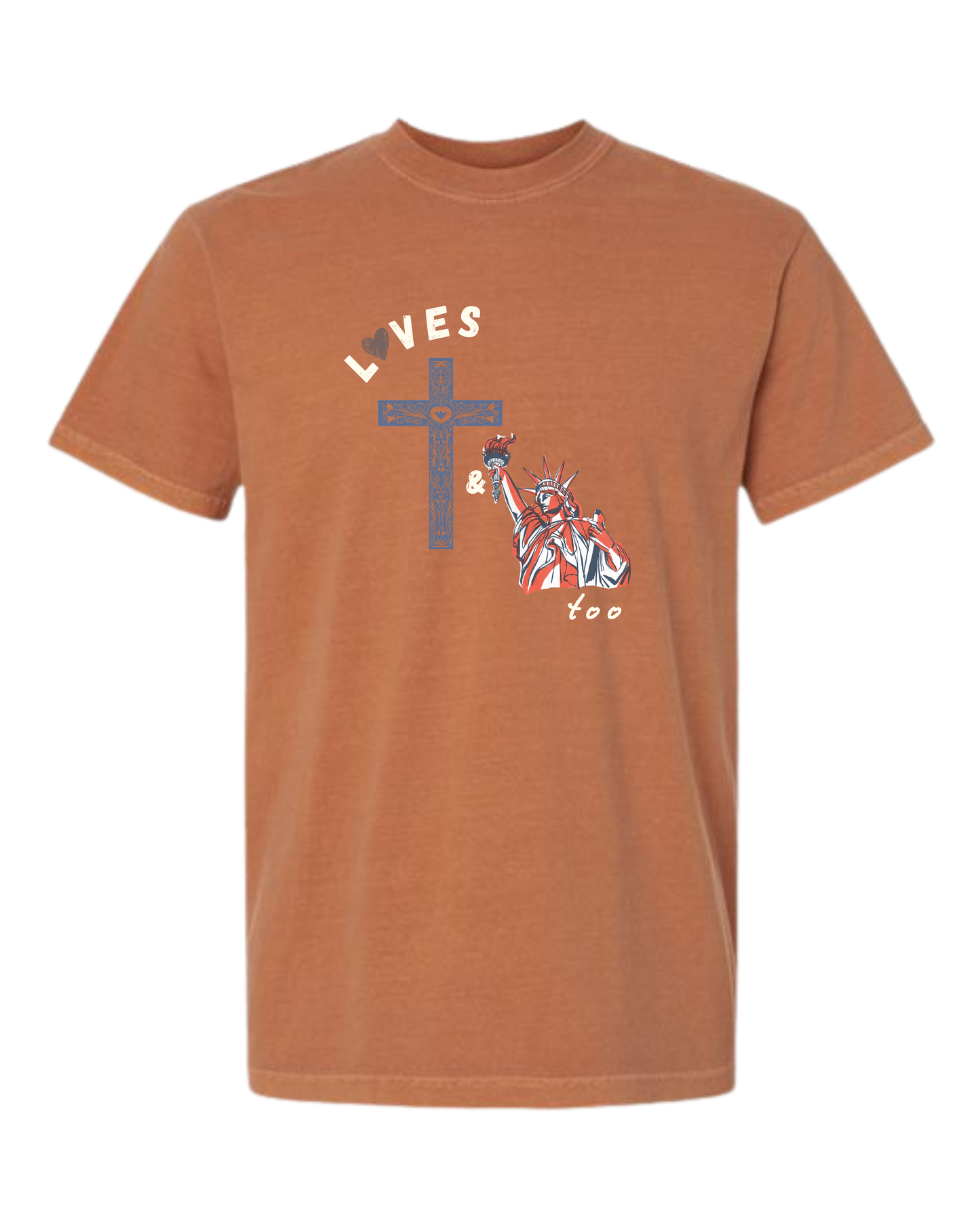 Loves Jesus & America too - Comfort Colors - Heavyweight Unisex Tee - Yellows, Oranges, Reds