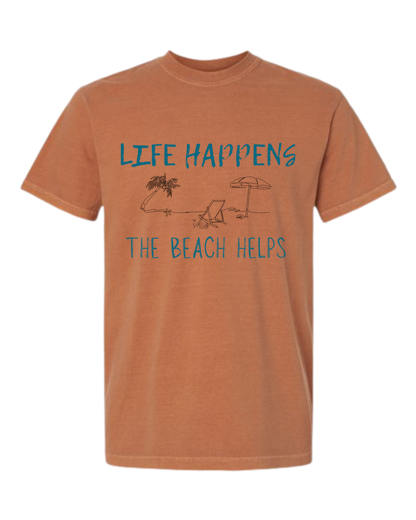Life Happens The Beach Helps - Comfort Colors - Heavyweight Unisex Tee - Yellows, Oranges, Reds