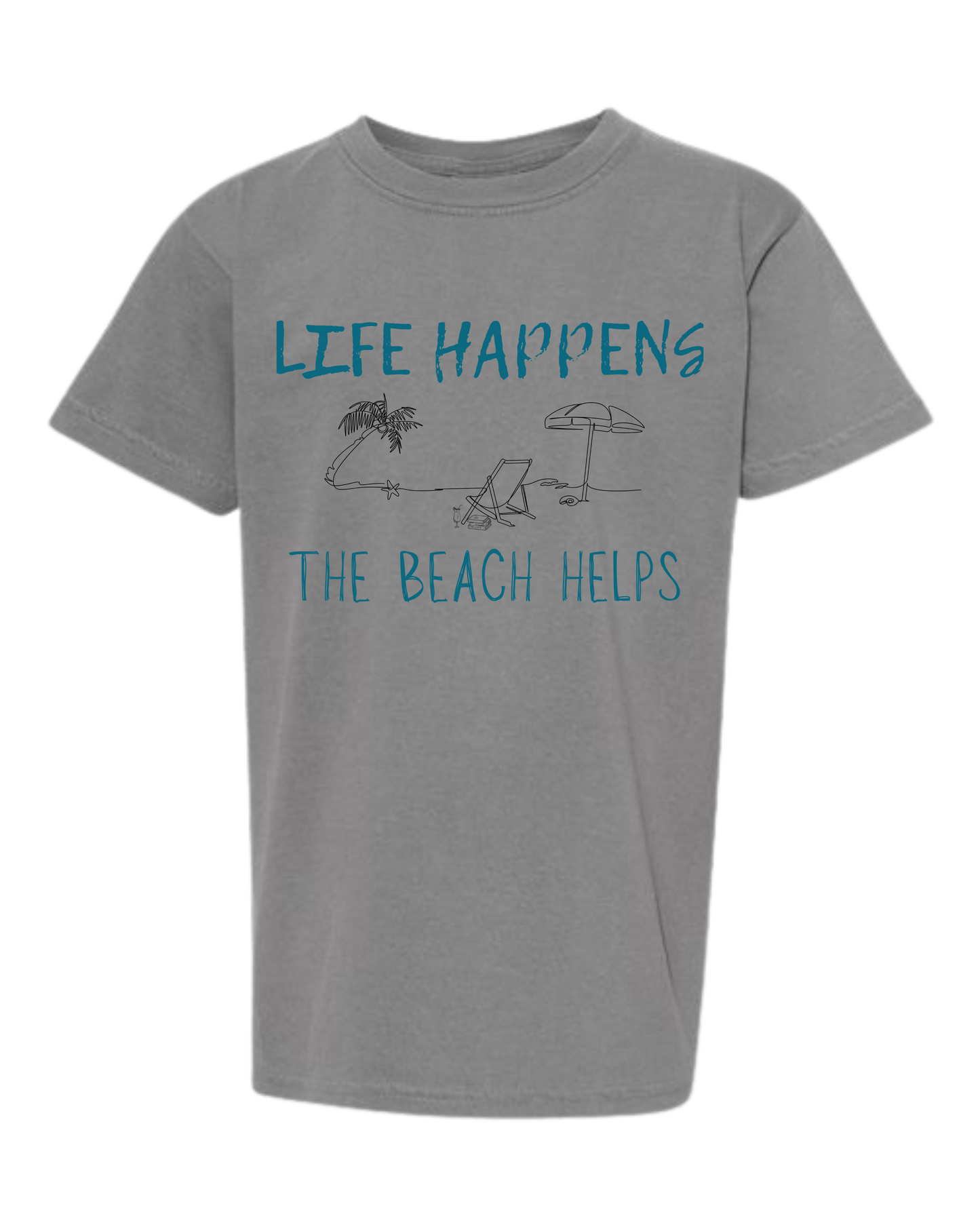 Life Happens The Beach Helps - Comfort Colors - Heavyweight Youth Tee - Neutral Colors & Blues